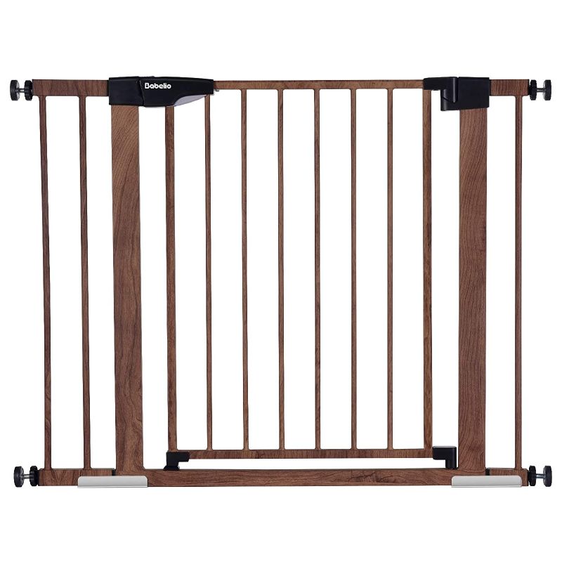 Photo 1 of Babelio Metal Baby Gate with Wood Pattern, 29-40" Easy Install Pressure Mounted Dog Gate, No Drilling, No Tools Required, Ideal for Stairs and Doorways, with Wall Protectors and Extenders
