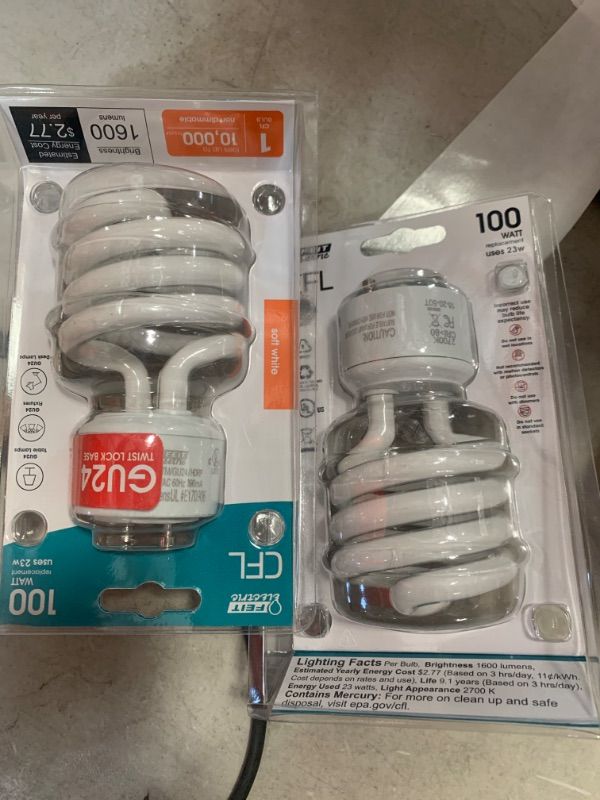 Photo 2 of 100-Watt Equivalent T3 Spiral Non-Dimmable GU24 Base Compact Fluorescent CFL Light Bulb, Soft White 2700K (1-Bulb)
AS IS 2PK