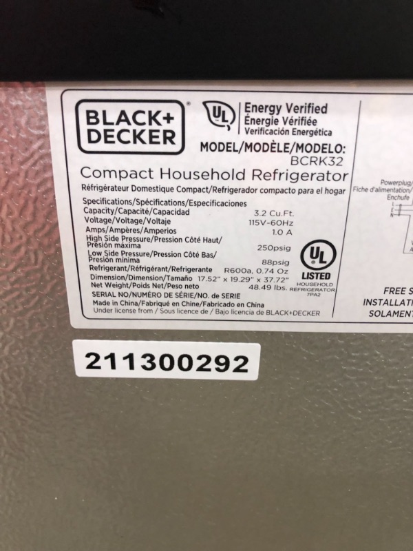 Photo 4 of *USED*
BLACK+DECKER BCRK32B Compact Refrigerator Energy Star Single Door Mini Fridge with Freezer, 3.2 Cubic Feet, Black (DAMAGE, Parts only)
