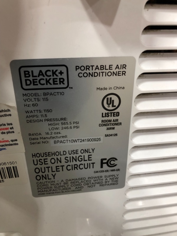 Photo 6 of *USED*
*MISSING manual and hardware* 
BLACK+DECKER BPACT10WT Portable Air Conditioner with Remote Control, 10,000 BTU, Cools Up to 250 Square Feet, White
