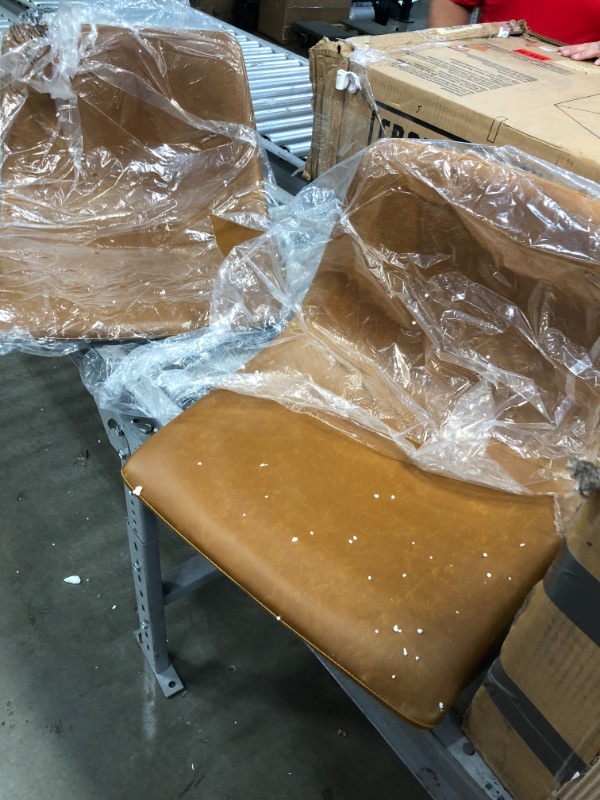 Photo 2 of *previously opened*
*loose hardware, UNKNOWN if any is missing* 
Walker Edison Douglas Urban Industrial Faux Leather Armless Counter Chairs, Set of 2, Whiskey Brown, 34.5” H x 14” D x 15” L, Seat: 24.25” H x 14” D x 18” L
