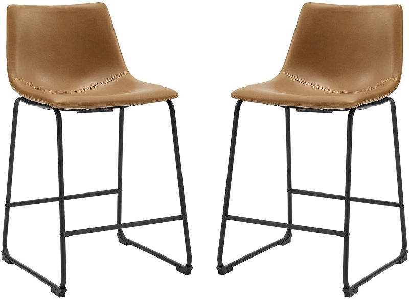 Photo 1 of *previously opened*
*loose hardware, UNKNOWN if any is missing* 
Walker Edison Douglas Urban Industrial Faux Leather Armless Counter Chairs, Set of 2, Whiskey Brown, 34.5” H x 14” D x 15” L, Seat: 24.25” H x 14” D x 18” L
