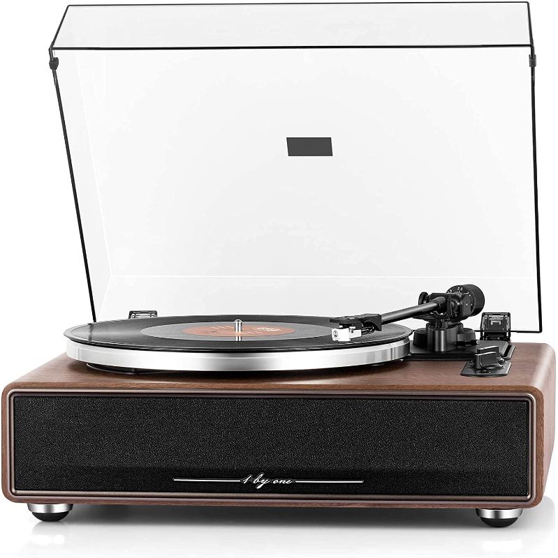 Photo 1 of 1byone High Fidelity Belt Drive Turntable with Built-in Speakers, Vinyl Record Player with Magnetic Cartridge, Wireless Playback and Aux-in Functionality, Auto Off (Renewed)
