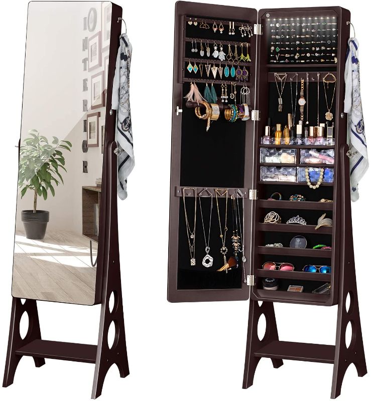 Photo 1 of YOKUKINA LED Jewelry Cabinet Armoire, Large Storage Lockable Organizer with Frameless Free Standing Dressing Mirror
