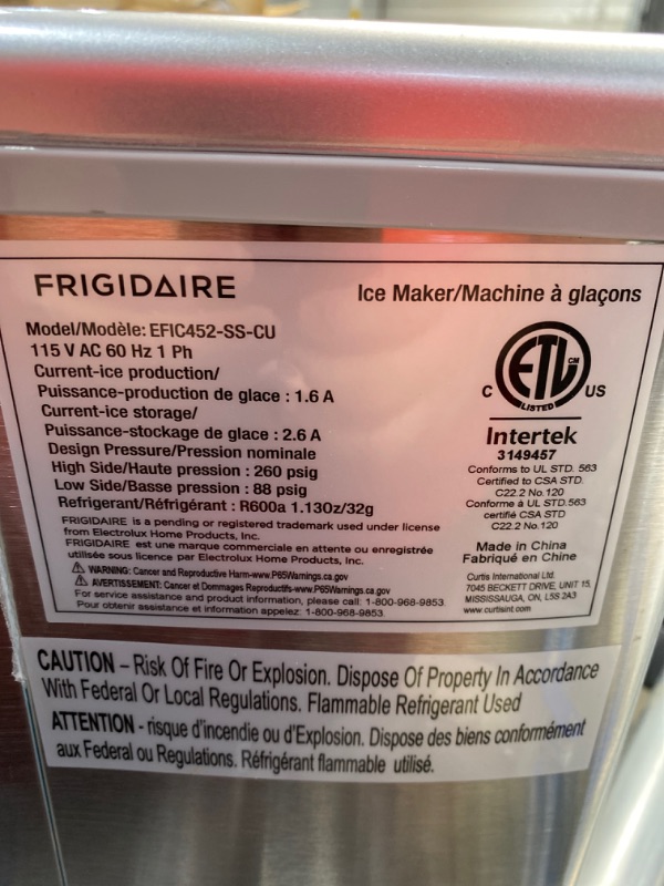 Photo 4 of FRIGIDAIRE EFIC452-SS 40 Lbs Extra Large Clear Maker, Stainless Steel, Makes Square Ice
