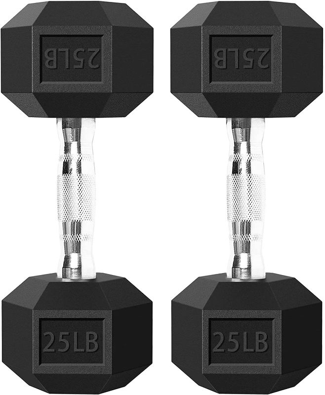 Photo 1 of Balelinko Hex Dumbbells Free Weights Set with Metal Handles Rubber Encased Solid Cast Iron Hex Dumbbell in Pair, 25 LBS
