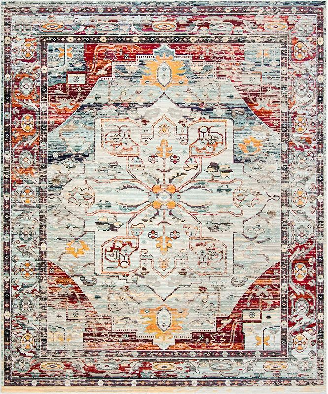 Photo 1 of ***SEE COMMENTS***Safavieh Crystal Collection CRS503C Boho Chic Oriental Medallion Distressed Non-Shedding Stain Resistant Living Room Bedroom Area Rug, 9' x 12', Light Blue / Red
