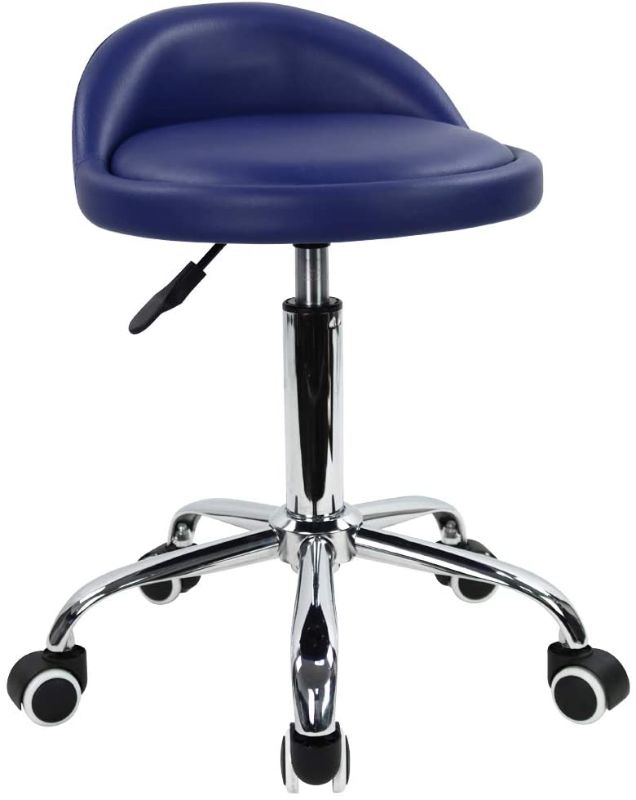 Photo 1 of KKTONER PU Leather Round Rolling Stool with Back Rest Height Adjustable Swivel Drafting Work SPA Task Chair with Wheels (Blue)
