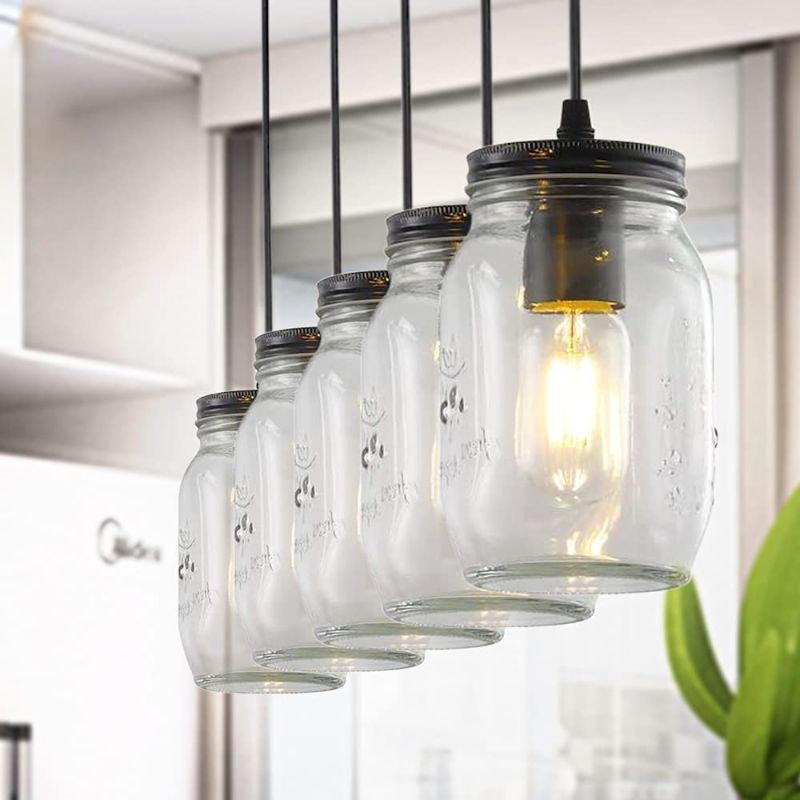 Photo 1 of 5-Light Kitchen Island Light,Glass Mason Jar Hanging Lamp, Farmhouse Chandelier Light Fixture,Rustic Pendant Light Matte Black Finish for Dining Room Billiard Room Living Room Cafe Pub
