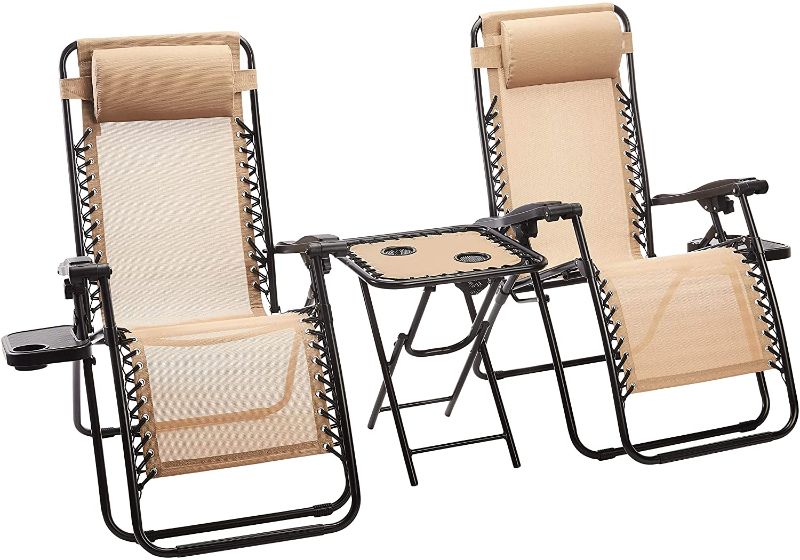 Photo 1 of Amazon Basics Textilene Outdoor Adjustable Zero Gravity Folding Reclining Lounge Chair with Side table and Pillow - Pack of 2, Tan...**PREVIOUSLY OPENED**, **FAIR CONDITION**


