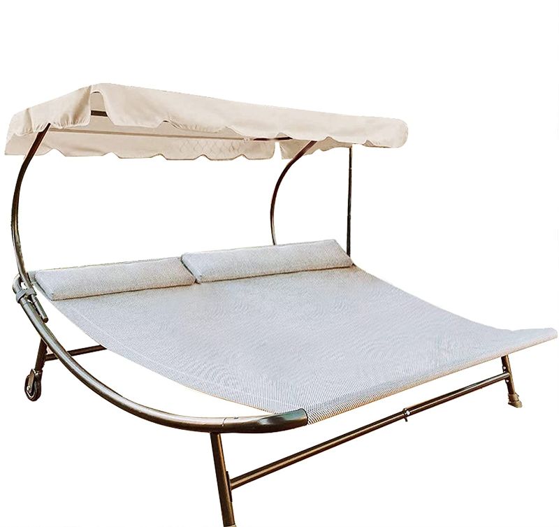 Photo 1 of Abba Patio Double Chaise Lounge Outdoor with Adjustable Canopy and Pillow Extra Large Patio Hammock Bed Wheeled for Outside, Sun Room, Garden, Courtyard, Pool, 6.6'L x 6.5'W, Cream
