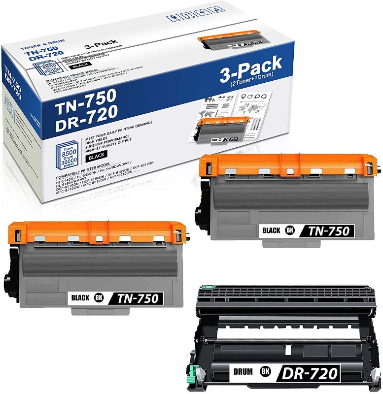 Photo 1 of 2 TN750 High Yield Toner Cartridge and 1 DR720 Drum Unit Compatible TN-750 DR-720 Replacement for Brother MFC-8710DW 8910DW DCP-8110DN hl-5450DN 5470DW/DWT Printer
