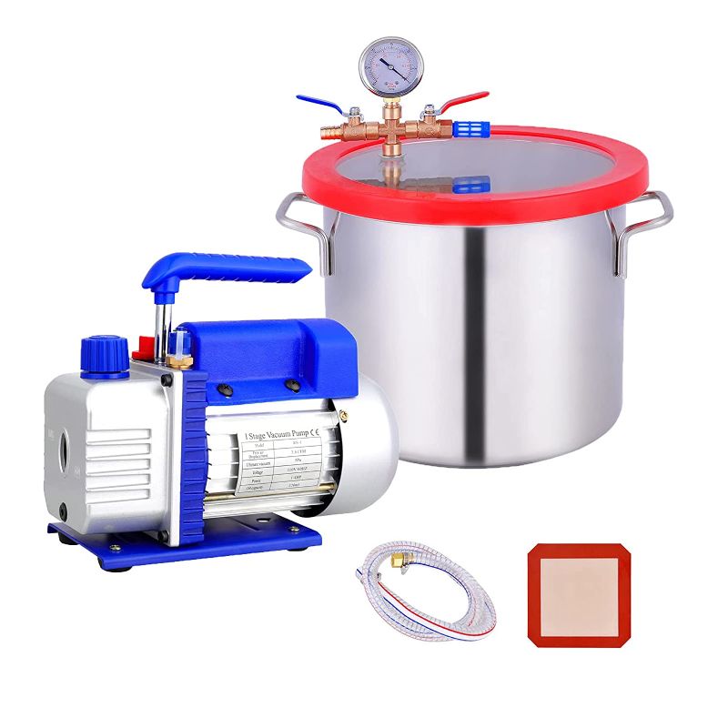 Photo 1 of 2 Gallon Vacuum Chamber Kit Stainless Steel, 3.6 CFM 1/4HP Vacuum Pump with Chamber, Vacuum Degassing Chamber Kit not for Wood Stabilizing(3.6 CFM Vacuum Pump + 2 Gallon Chamber)
