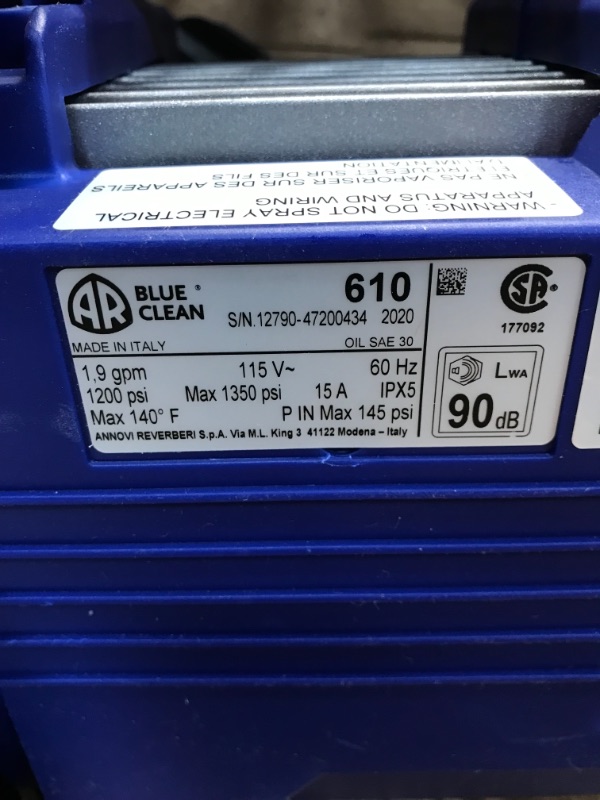 Photo 5 of *SEE last picture for damage*
AR Blue Clean, AR610, Electric Hand Carry Pressure Washer, 1350 PSI, 1.9 GPM, Industrial Grade, Adjustable pressure gauge
