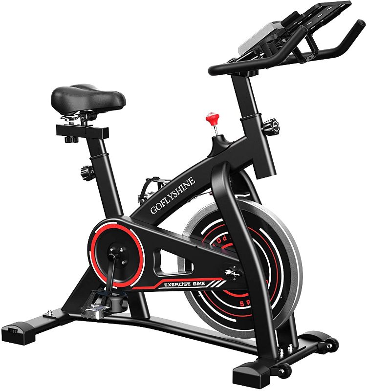 Photo 1 of *item was factory packaged/ strapped* 
GOFLYSHINE Exercise Bikes Stationary, Exercise Bike for Home Indoor Cycling Bike for Home Cardio Gym, Workout Bike with 35 LBS Flywheel, 39.37 x 21.26 x 41.54 inches

