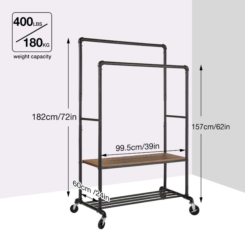 Photo 1 of *MISSING hardware* 
Greenstell Clothes Rack with Shelves, Industrial Pipe Style Rolling Garment Rack, Heavy Duty Double Rods Clothes Hanging Rack, Adjustable Height Durable Coat Rack for Organizing Clothes and Shoes
