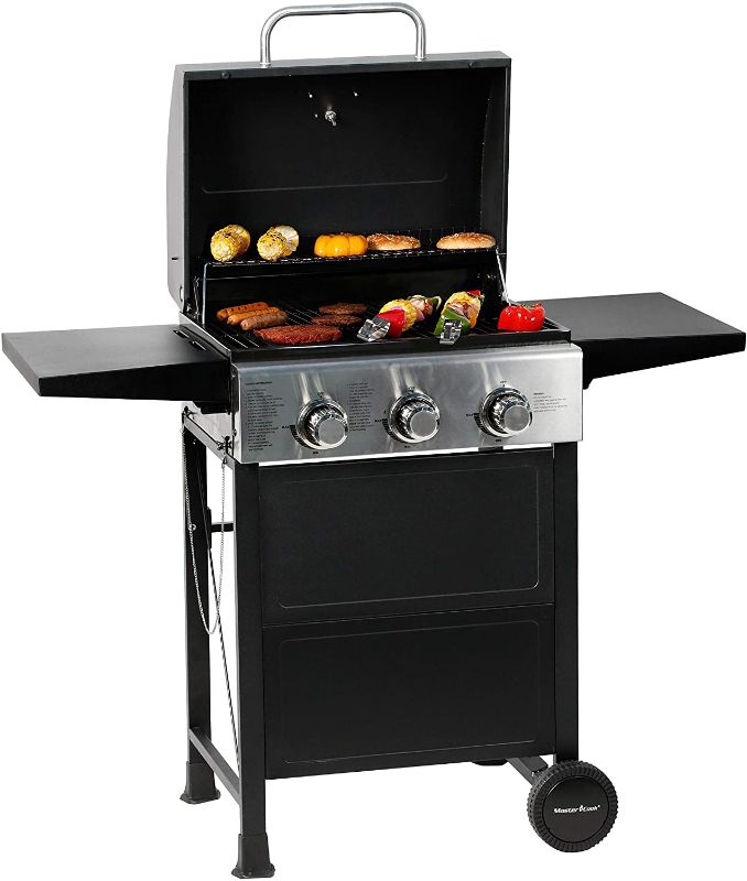 Photo 1 of *USED*
*UNKNOWN what/ if anything is missing* 
MASTER COOK 3 Burner BBQ Propane Gas Grill, Stainless Steel 30,000 BTU Patio Garden Barbecue Grill with Two Foldable Shelves, 46.46 x 20.87 x 41.14 inches

