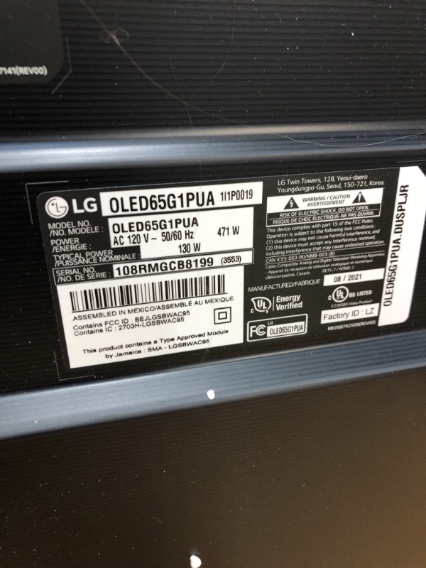 Photo 6 of *plugged in item, did not turn on* 
*selling FOR PARTS, NO RETURNS*
LG OLED G1 Series 65” Alexa Built-in 4k Smart OLED evo TV (3840 x 2160), Gallery Design, 120Hz Refresh Rate, AI-Powered 4K, Dolby Cinema, WiSA Ready (OLED65G1PUA, 2021)
