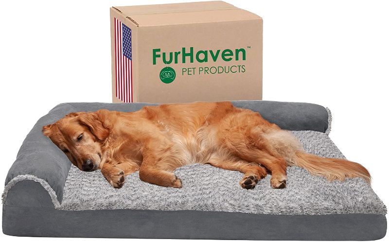 Photo 1 of *USED*
Furhaven Orthopedic Pet Bed for Dogs and Cats - L Chaise Sofa Two-Tone Plush Fur and Suede Couch Dog Bed with Removable Washable Cover, Stone Gray, Jumbo (X-Large)