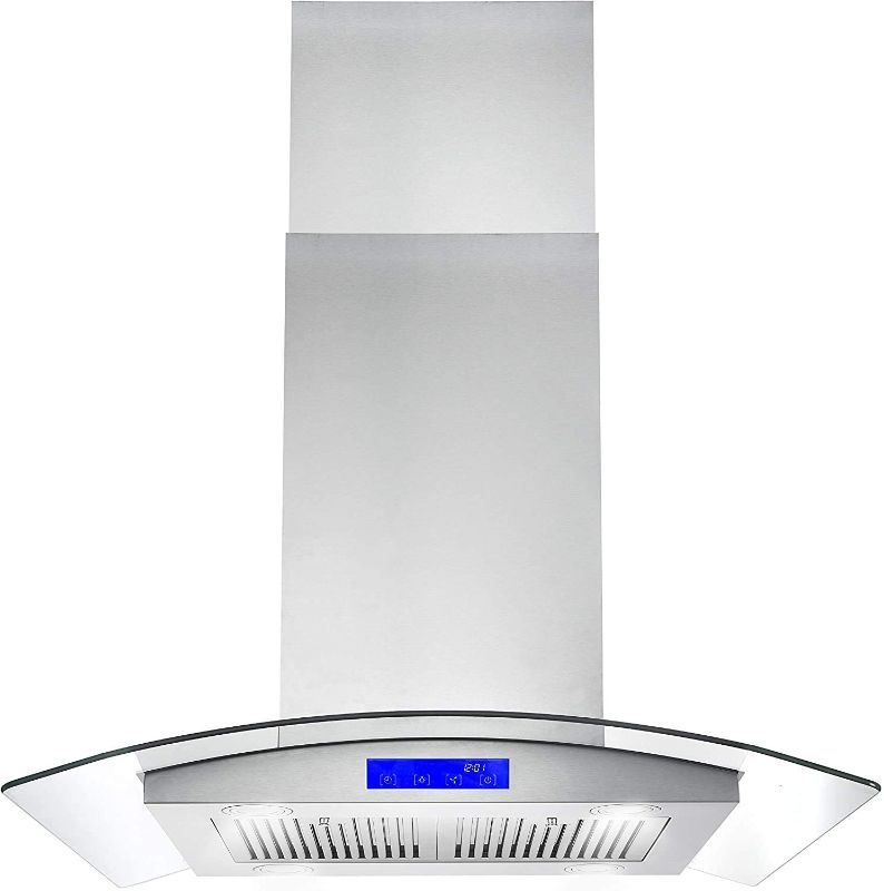 Photo 1 of *USED*
*UNKNOWN what/ if anything is missing* 
Cosmo 668ICS750 30 in. Island Mount Range Hood with 380 CFM, Soft Touch Controls, Permanent Filters, LED Lights, Tempered Glass Visor in Stainless Steel
