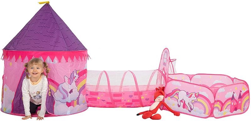 Photo 1 of *USED*
*zipper is broken on carrying bag*
JOYIN Girls Unicorn Princess Pink Castle Play Tent with Pop Up Play Tent, Tunnel and Playhouse with Ball Pit Kids Indoor Outdoor Play Tent Set
