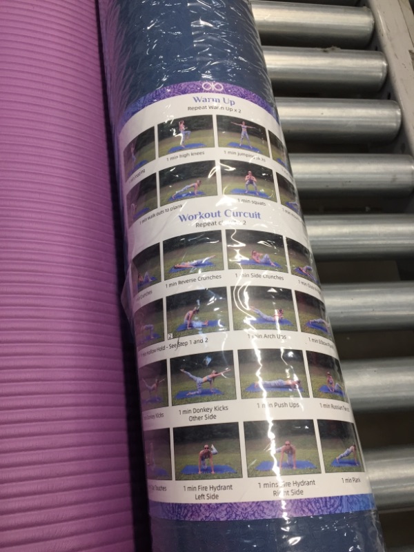 Photo 2 of *SEE last picture for damage*
Our Infinite Odyssey Large Yoga Mat Set Extra Wide, Carrying Bag + Poses Inside, Blue and Purple