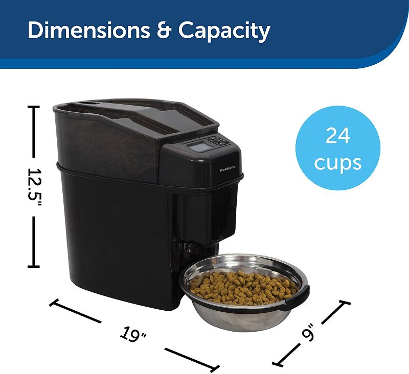 Photo 1 of *USED*
*MISSING power cord, UNABLE to test* 
PetSafe Healthy Pet Simply Feed Automatic Cat Feeder for Cats and Dogs - 24 Cups Capacity Pet Food Dispenser with Slow Feed and Portion Control (12 Meals per day) - Includes Stainless Steel Bowl
