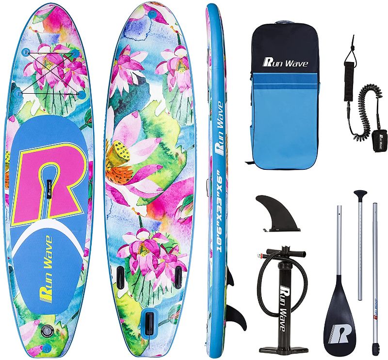 Photo 1 of *USED*
*MISSING carrying bag and extra pole for paddle*
Runwave Inflatable Stand Up Paddle Board Non-Slip Deck with Premium SUP Accessories | Wide Stance, Bottom Fins for Surfing Control | Youth Adults Beginner, LOTUS-10.6' x 33" x 6"
