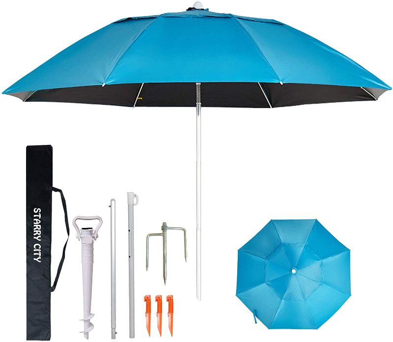 Photo 1 of Beach Umbrellas STARRY CITY 7.2 Feet Large Sun Shade Shelter Portable Windproof 3 Links Design Patio Umbrella with Sand Anchor For Garden Beach Outdoor Poor (Bule, 7.2FT)
