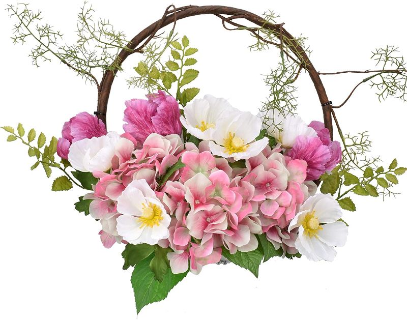 Photo 1 of ALLHANA Spring Hydrangea Wreath for Front Door, 16-18 Inch Artificial Pink Flowers Summer Door Wreaths for All Seasons Farmhouse Home Wall Window Decor
