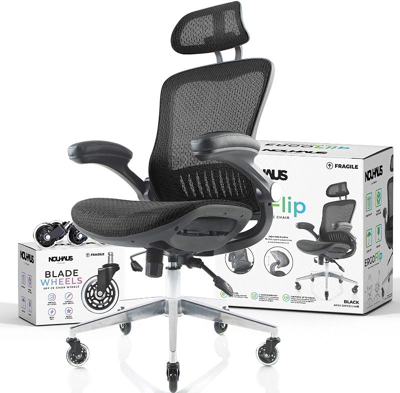 Photo 1 of NOUHAUS ErgoFlip Mesh Computer Chair - Black Rolling Desk Chair with Retractable Armrest and Blade Wheels Ergonomic Office Chair, Gaming Chairs, Executive Swivel Chair/High Spec Base