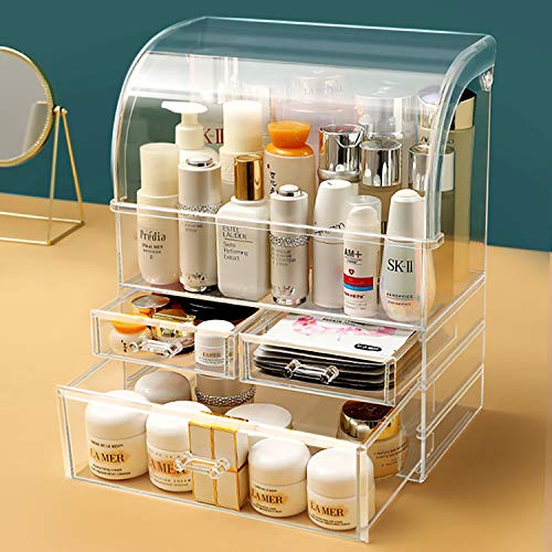 Photo 1 of Professional Cosmetic Makeup Organizer by PINNKKU, Anti-Dust Makeup Organizer Box with 3 Layers and Closable Lid, Large Capacity,Transparent, Fits skincare (XL (11.8" x 6.8" x 14"))