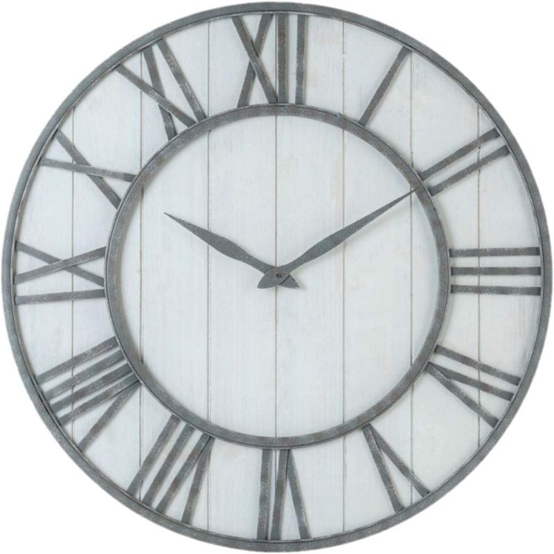 Photo 1 of 30-inch Farmhouse Metal & Solid Wood Noiseless Wall Clock (Whitewash, 30-inch)
