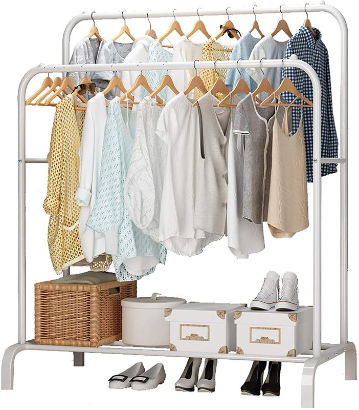 Photo 1 of UDEAR Garment Rack Freestanding Hanger Double Pole Multi-functional Bedroom Clothing Rack, White
