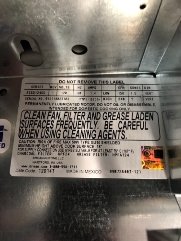 Photo 4 of Broan-NuTone BCSD124SS Glacier 24" BCSD1 Series Under-Cabinet 300CFM Max Blower 5 Sones Stainless Steel Range Hood