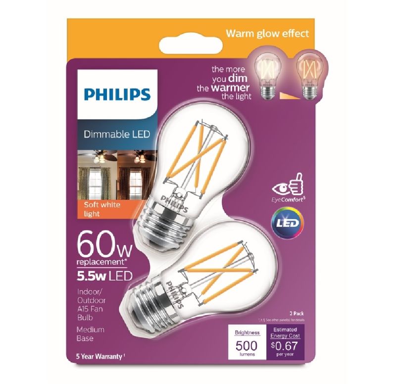 Photo 1 of Philips Warm Glow Philips Philips Warm Glow 60W Equivalent A15 Medium Dimmable LED Light Bulb (2-Pack) - 4 ct