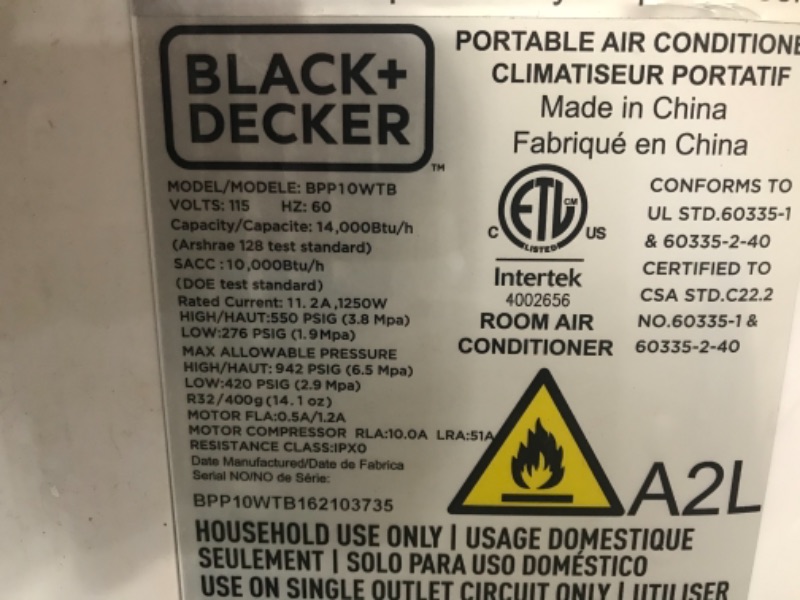 Photo 5 of BLACK+DECKER BPP10WTB Portable Air Conditioner with Remote Control, 10,000 BTU SACC/CEC (14,000 BTU ASHRAE), Cools Up to 450 Square Feet, White
