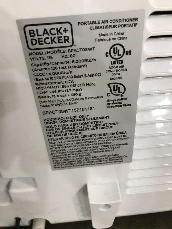 Photo 5 of BLACK+DECKER BPACT14WT Portable Air Conditioner with Remote Control, 7,700 BTU DOE (14,000 BTU ASHRAE), Cools Up to 350 Square Feet, White
