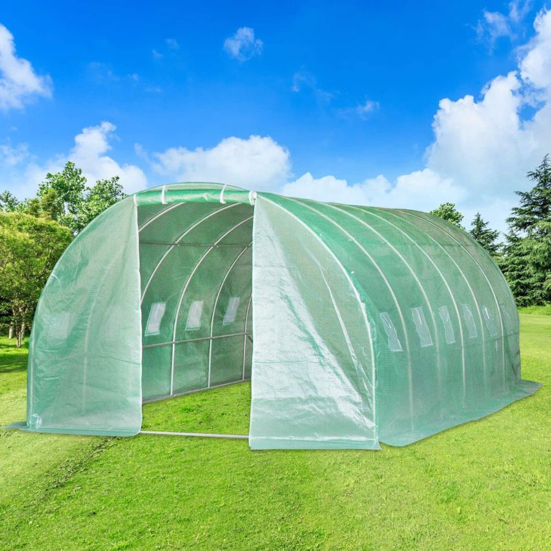 Photo 1 of Aoxun 20'x10'x7' Large Walk-in Garden Greenhouse, Hot House Portable for Plants Outdoor in Winter with 6 Roll-Up Windows, Tunnel Greenhouse,Green
