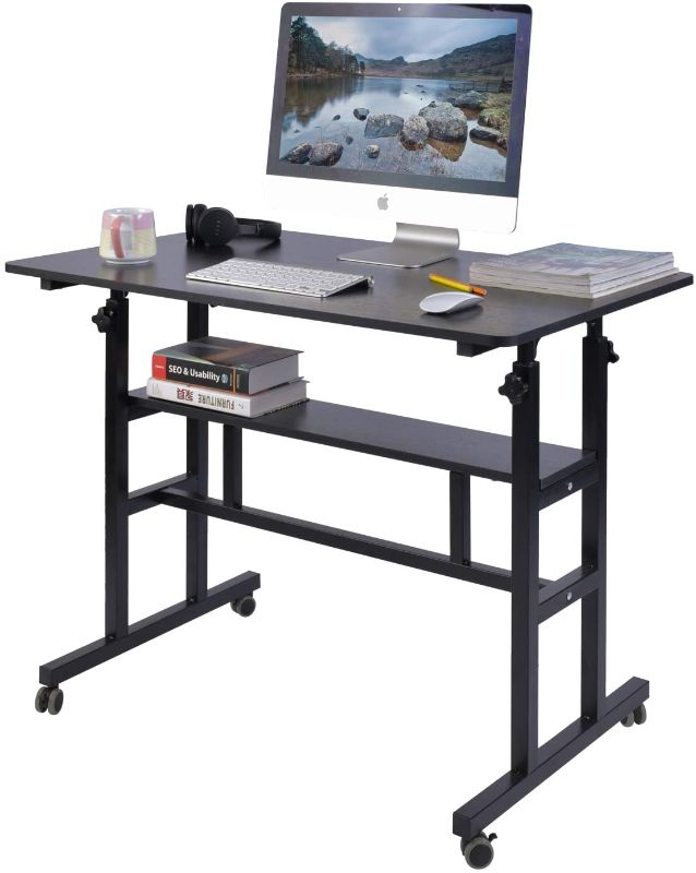 Photo 1 of AIZ Mobile Standing Desk, Adjustable Computer Desk Rolling Laptop Cart on Wheels Home Office Computer Workstation, Portable Laptop Stand Tall Table for Standing or Sitting, Black 31.5" x 19.7"
