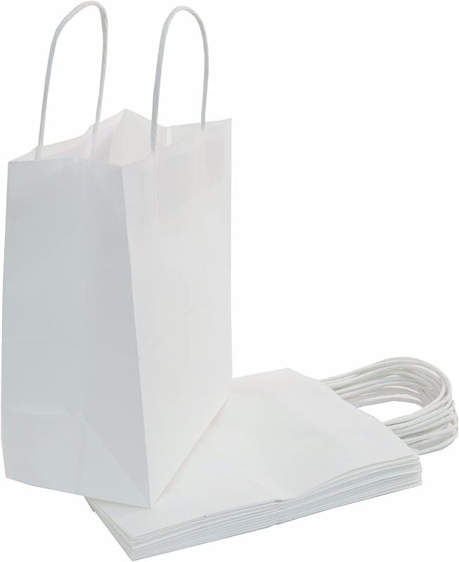 Photo 1 of 100 | 75 | 50 | 25 | 400 Count - White Kraft Paper Bulk Gift Bags with Handles (100 Count) - Perfect Solution for Baby Shower, Birthday Parties, Restaurant takeouts, and Store Owners - Size (8"x4.75"x10")
