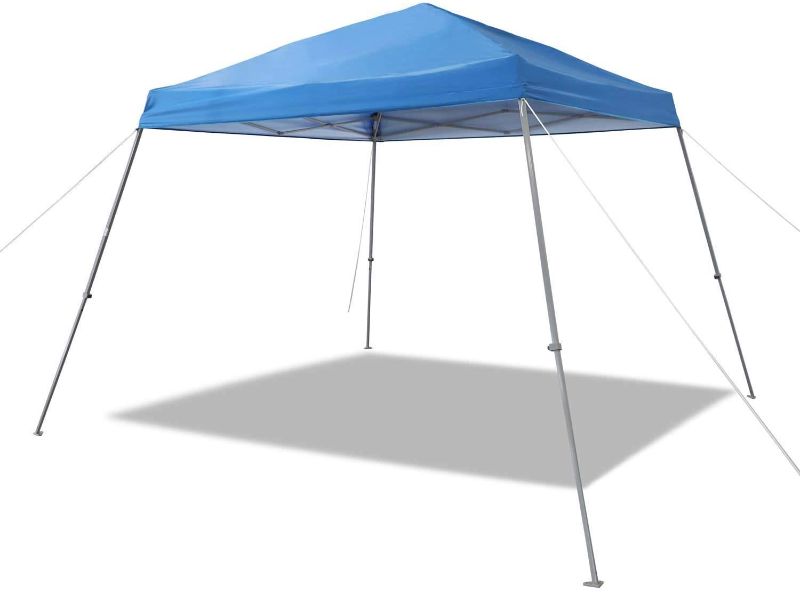 Photo 1 of Amazon Basics Outdoor One-push Pop Up Canopy, 9ft x 9ft Top Slant Leg with Wheeled Carry, blue
