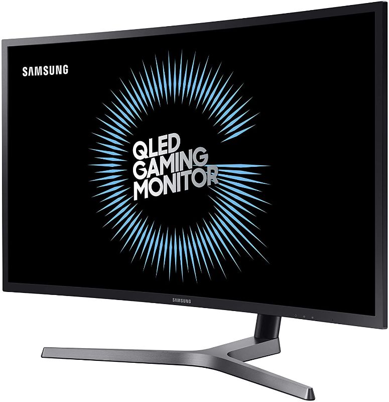 Photo 1 of Samsung C32HG70 32" HDR QLED 144Hz 1ms Curved Gaming Monitor with Freesync (LC32HG70QQN) with AmazonBasics Premium Single Monitor Stand - Lift Engine Arm Mount, Aluminum - Black Bundle
//Powered on, no visible damage