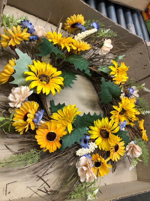 Photo 2 of 22 INCH Artificial Sunflower Fern Wreath for Home Office Party Holiday, Spring and Summer Farmhouse Decoration,, **DISPLAY PICTURE USED FOR REFERENCE ONLY**