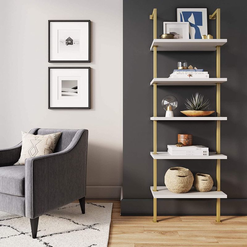 Photo 1 of 5-Shelf Modern Bookcase, Open Wall Mount Ladder Bookshelf with Industrial Metal Frame, White Marble/Gold,, Size: 12 x 24 x 73 inches