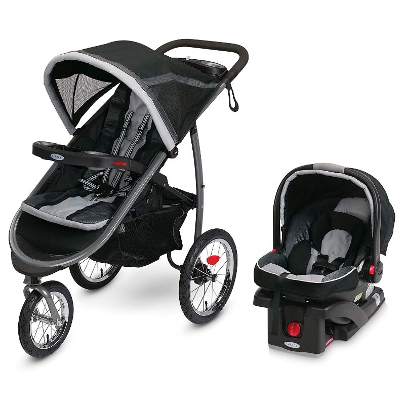 Photo 1 of Graco FastAction Fold Jogger Travel System | Includes the FastAction Fold Jogging Stroller and SnugRide 35 Infant Car Seat, Gotham,, Stroller Weight: 30 lbs Dimensions: Length: 40" Width: 24" Height: 42" 