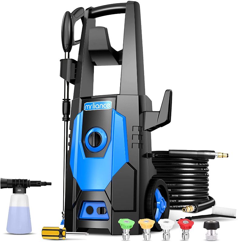 Photo 1 of mrliance 3600PSI Electric Pressure Washer, 2.4GPM Electric Power Washer High Pressure Washer with Spray Gun, Brush, and 4 Quick-Connect Spray Tips (Blue)
