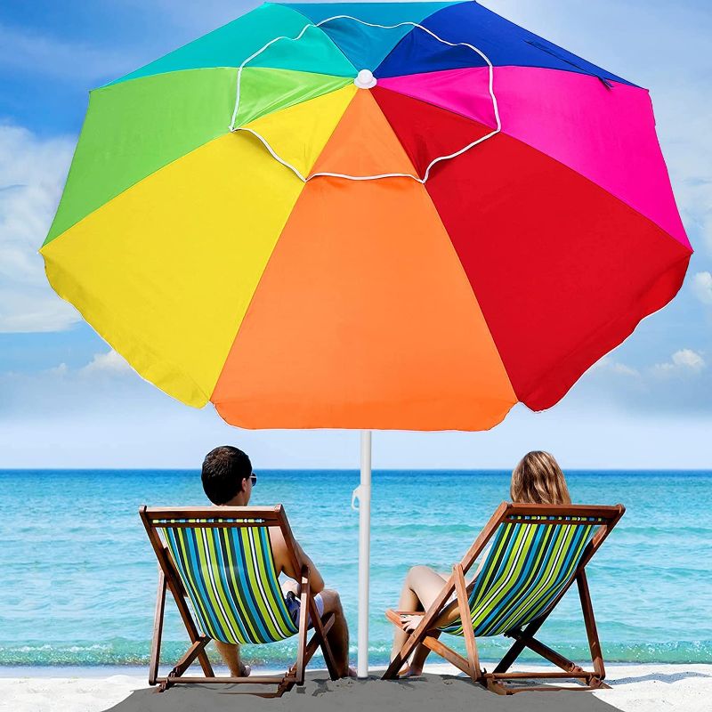 Photo 1 of AMMSUN 6.5 Foot Heavy Duty High Wind Beach Umbrella with air vent & Tilt Sun Shelter, UV 50+ Protection Outdoor Sunshade Umbrella with Carry Bag for Patio Garden Beach Pool Backyard, Rainbow
