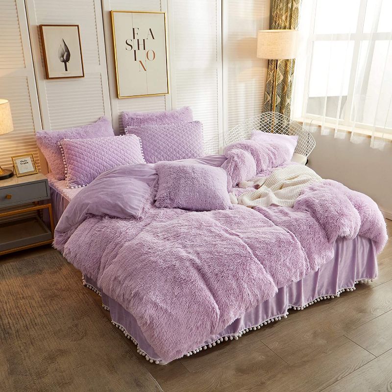 Photo 1 of LIFEREVO Luxury Plush Shaggy Duvet Cover Set (1 Faux Fur Duvet Cover + 1 Pompoms Fringe Pillow Sham) Solid, Zipper Closure (Twin, Orchid)
