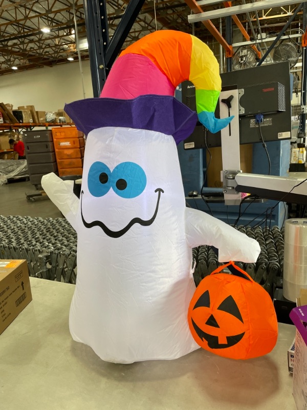 Photo 2 of 3.5 ft. Ghost with Rainbow Hat Airblown Halloween Inflatable
